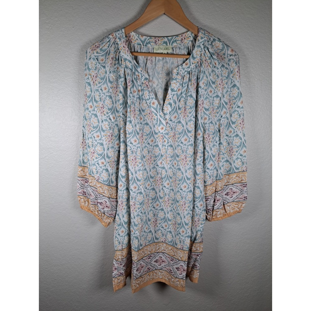 Lucy & Laurel Boho Floral Tunic Top Blue Sage Ochre Rayon Split Neck 1X